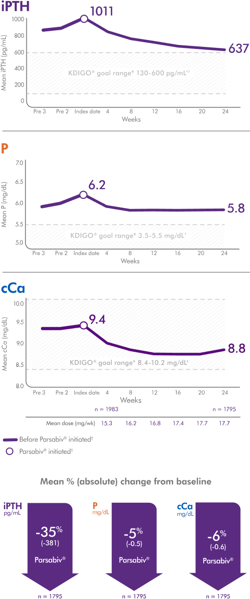 Real-World Evidence depicting an increase in PTH, P, and cCa prior to initiating Parsabiv and then showing reductions through 24 weeks; Real-World Evidence showing absolute (mean %) change from baseline for iPTH (-35%), P (-5%), and cCa (-6%)